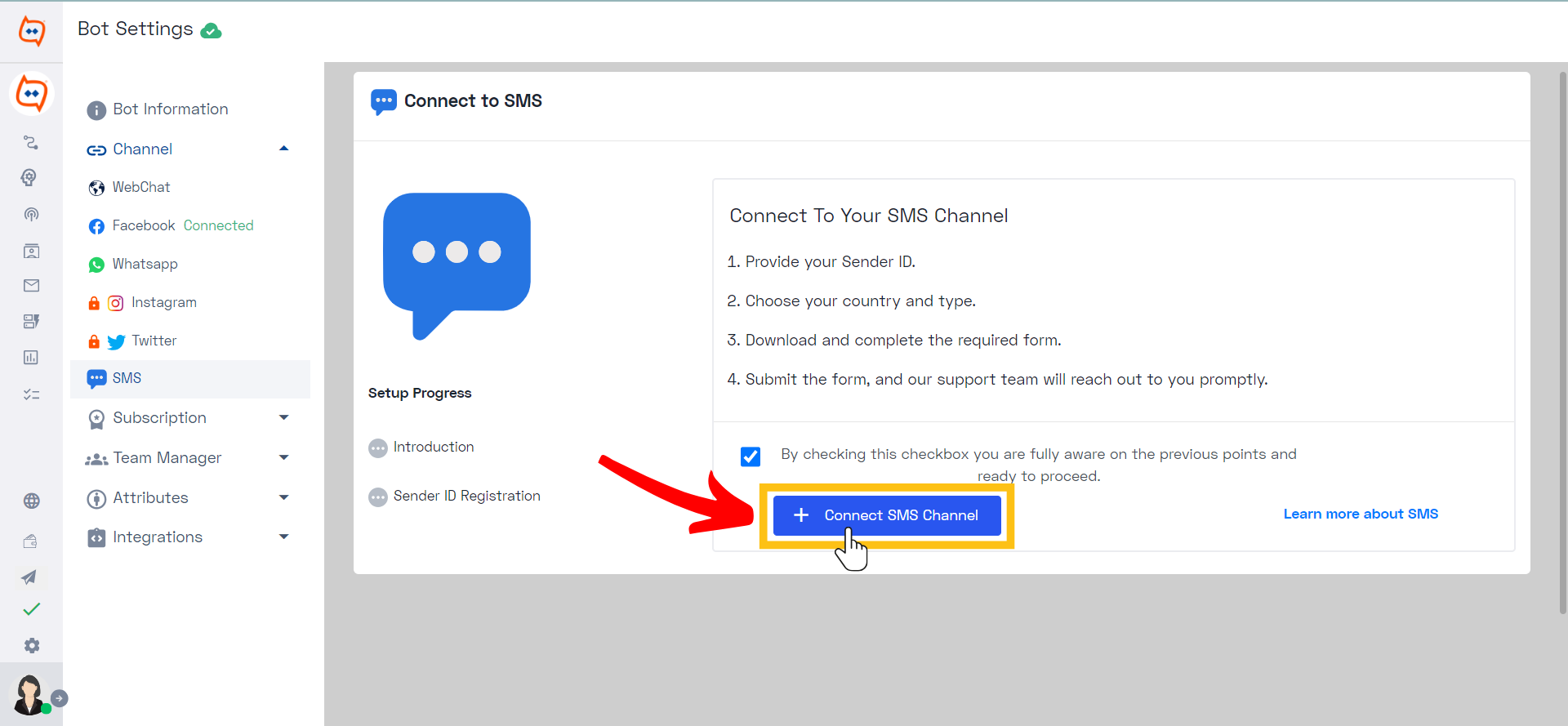 Click the button labeled Connect SMS Channel_WB.png