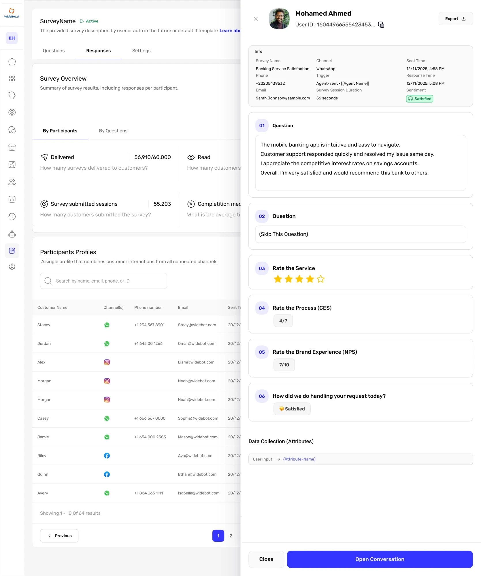 A customer's response panel, showing survey details, each answer and the collected attributes