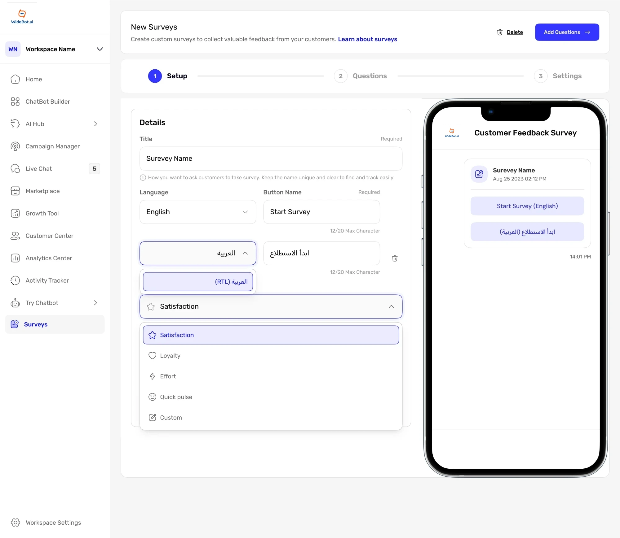 Step 1 of the survey wizard, showing the title, languages with start button labels, survey type, and the live preview